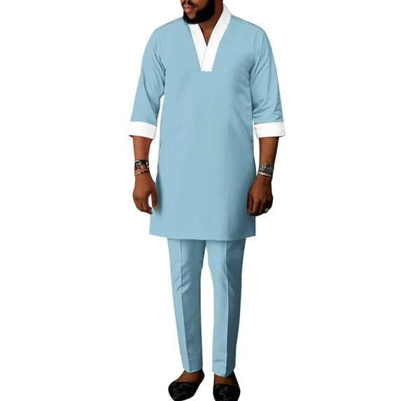 African Mens Clothing 2 pcs Set Dashiki Party Outfits Wedding Half Sleeve Shirt and Pant WYN1992