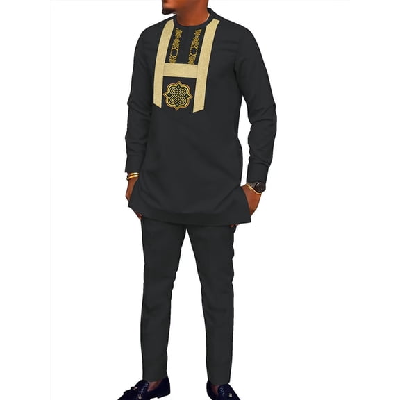 African Mens Clothing 2 pcs Set Embroidered Dashiki Party Outfits Wedding Long Sleeve Shirt and Pant WYN1969