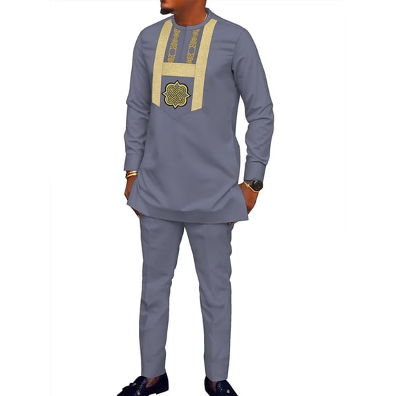 African Mens Clothing 2 pcs Set Embroidered Dashiki Party Outfits Wedding Long Sleeve Shirt and Pant WYN1969