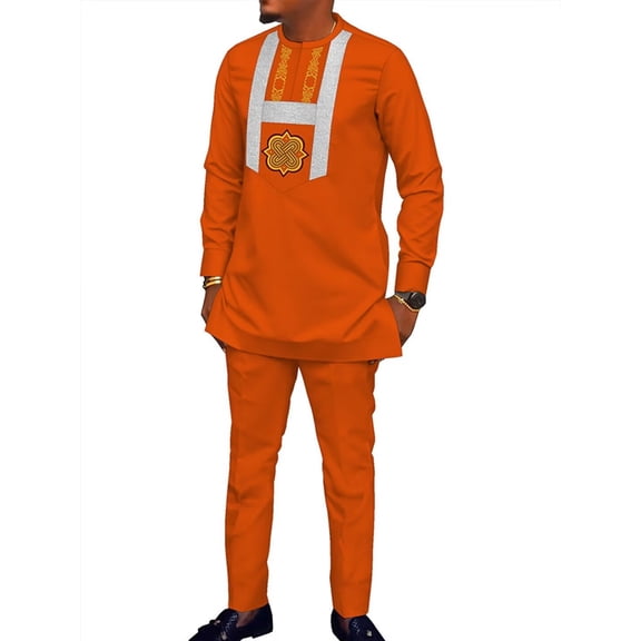 African Mens Clothing 2 pcs Set Embroidered Dashiki Party Outfits Wedding Long Sleeve Shirt and Pant WYN1969