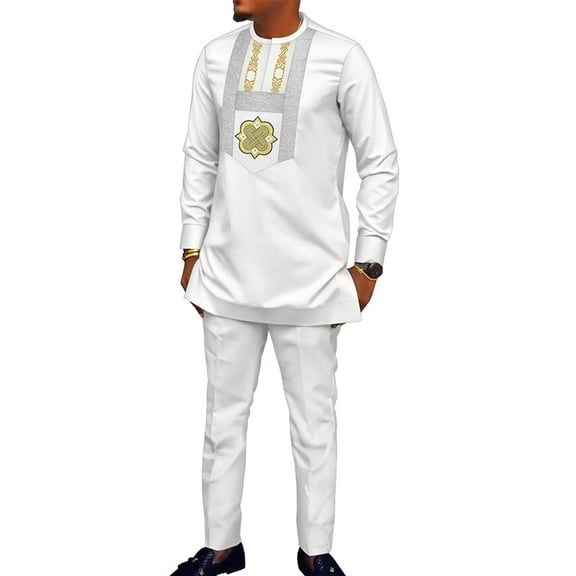 African Mens Clothing 2 pcs Set Embroidered Dashiki Party Outfits Wedding Long Sleeve Shirt and Pant WYN1969