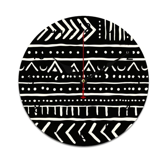 African Mud Cloth Black And White-1 Word Saying Big Wall Clock Home Decor Art Watch Living Room Gift 10in