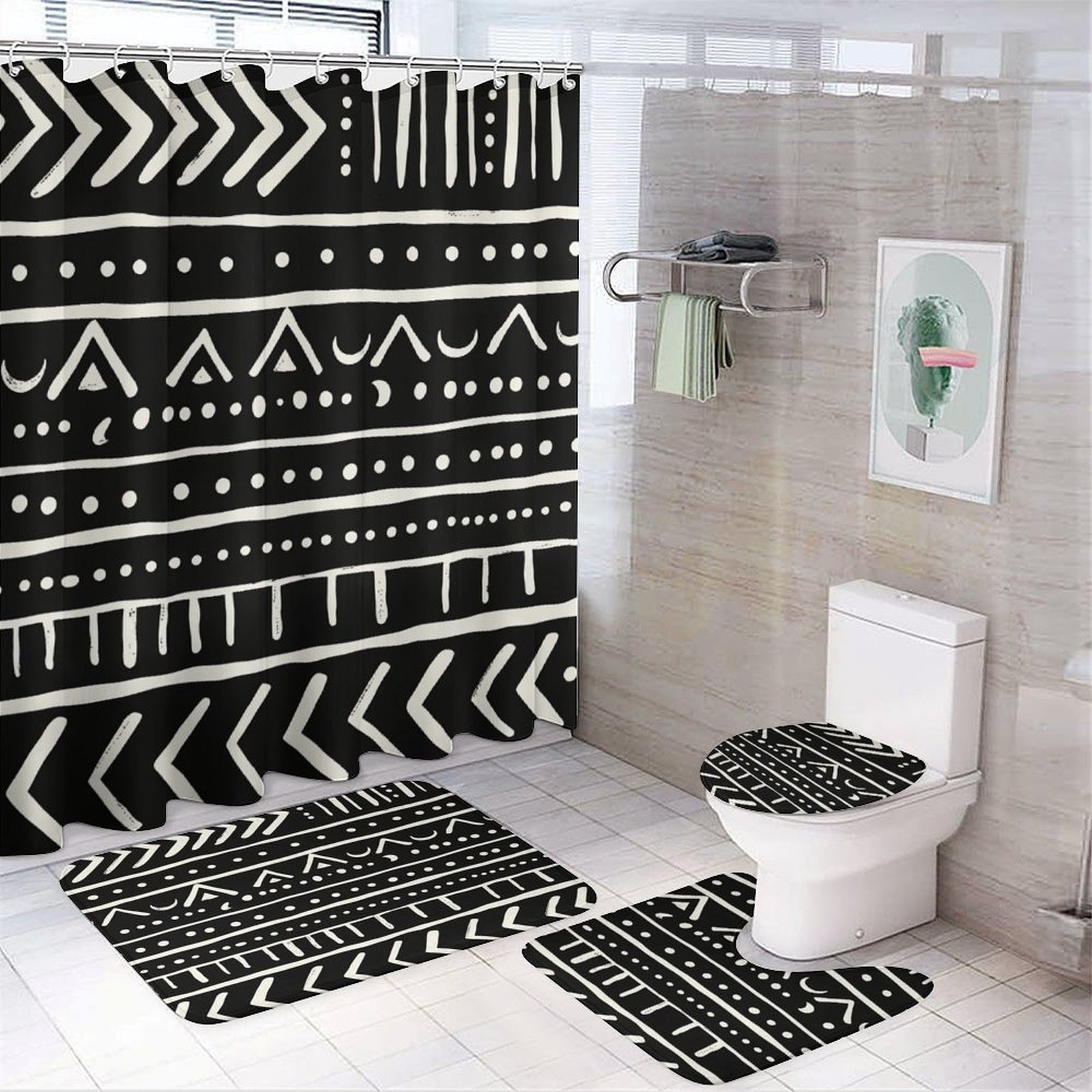 African Mud Cloth Black And White Shower Curtain And Rugs Mat Set For ...