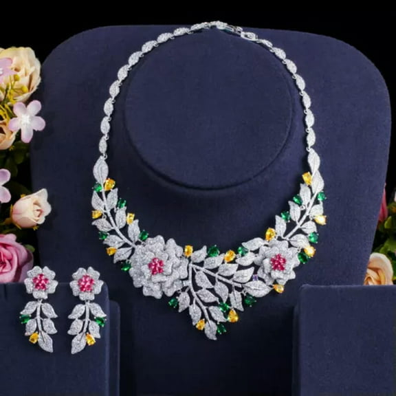 African Multi Color CZ Rose Flower Necklace Earrings Bridal Costume Jewelry Set