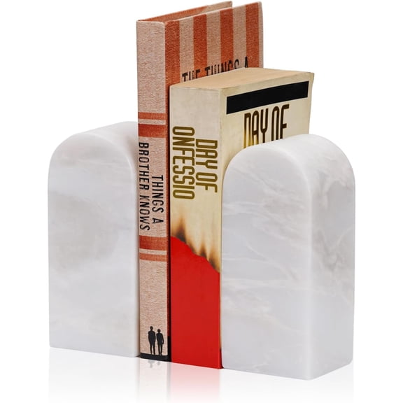 African Natural Marble Bookends for Shelves, Decorative Book Ends, 7lbs Heavy-Duty Marble Book Holders, Bookshelf Apartment Decor for Normal Books/CD/Video Games(Bianco Fiora)