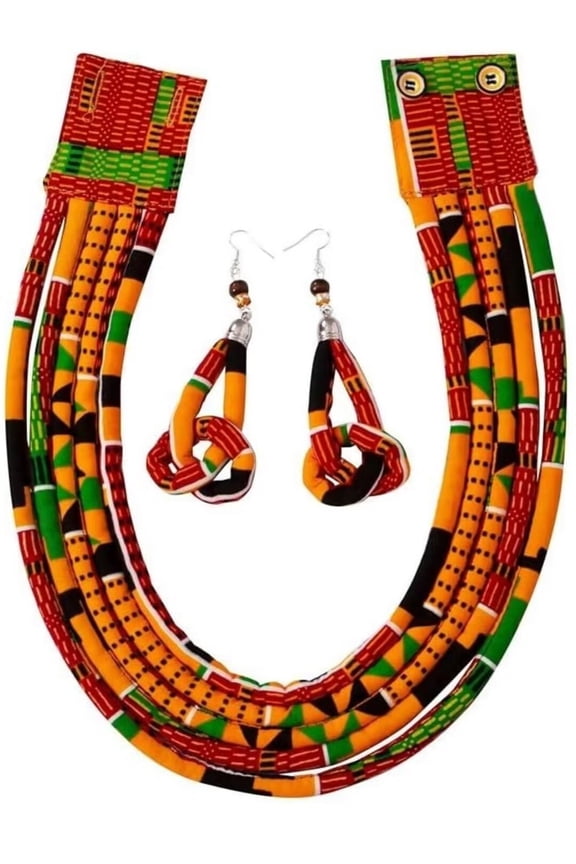 African Necklace Earrings Set Ankara Fabric Print Multilayer Woven Rope Choker Layered Strand Collar WYS06
