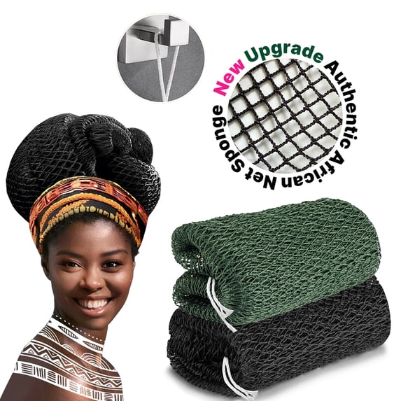 African Net Sponge Authentic - 2 Pieces Real African Exfoliating Loofah Sponge with Knots - African Net Wash Cloths for Body Scrubber Exfoliator Green& Black - Back Scrub for Shower Bath Accessories