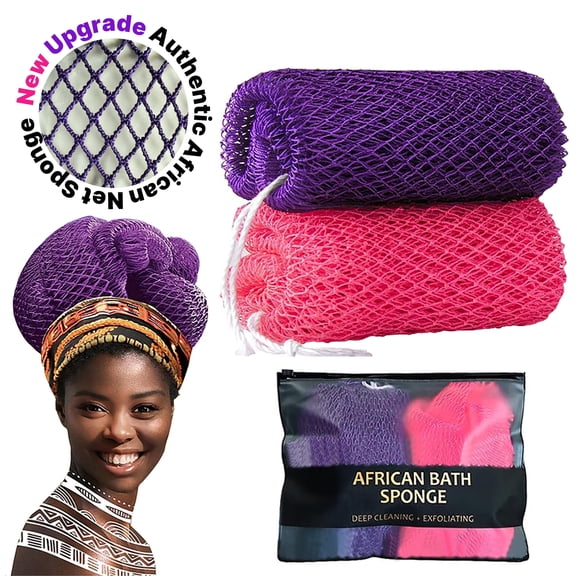 African Net Sponge Authentic - 2 Pieces Real African Exfoliating Loofah Sponge with Knots - African Net Wash Cloths for Body Scrubber Exfoliator Purple & Pink - Back Scrub for Shower Bath Accessories