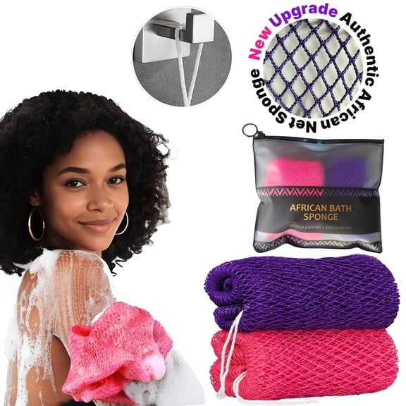 African Net Sponge Authentic - 2 Pieces Real African Exfoliating Loofah Sponge with Knots - African Net Wash Cloths for Body Scrubber Exfoliator Purple & Pink - Back Scrub for Shower Bath Accessories
