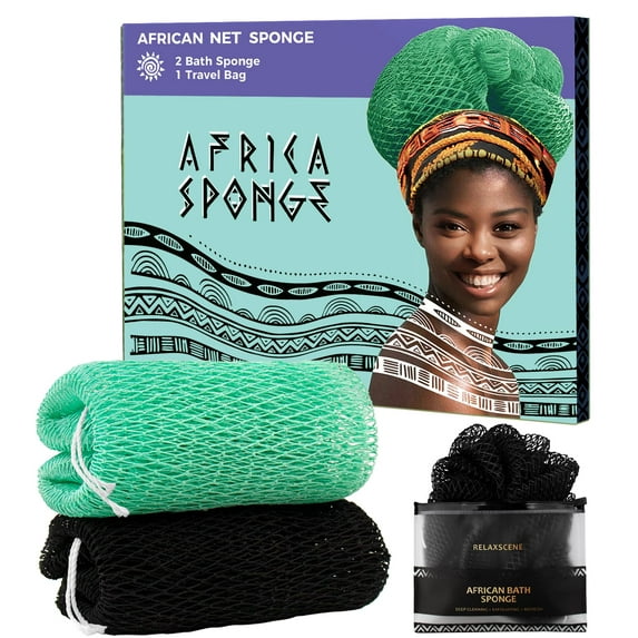 African Net Sponge Authentic - 2 Pieces Real African Loofah Shower Sponges - Body Scrubber Exfoliating Washcloth Black & Seawave - Africa Bath Sponges for Back Scrubber Shower Accessories