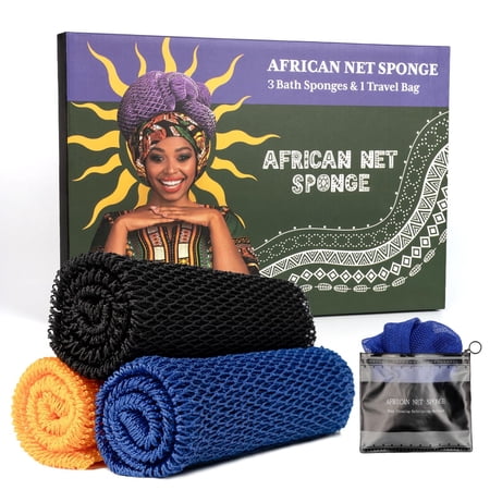 African Net Sponge Authentic 3 Pieces with Storage Bag, African Exfoliating Net Sponge Washcloth, Exfoliating Body Scrubber Bath Sponge Bathing Accessories (Blue & Black & Golden)