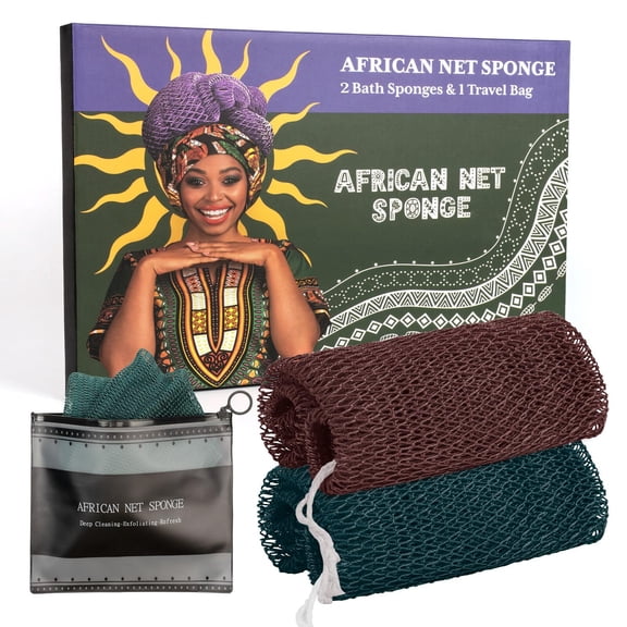 African Net Sponge Authentic with Handles (Set of 2), African Exfoliating Net Sponge, Exfoliating Body Scrubber Bath Sponge - Bathing Accessories with Storage Bag (Dark Green & Brown)