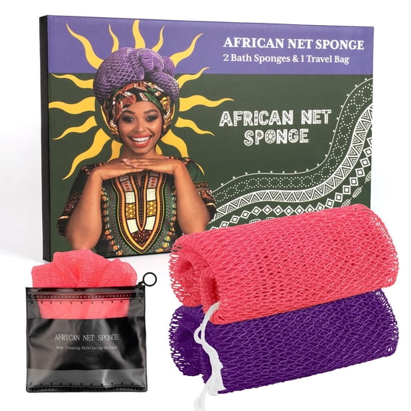 African Net Sponge Authentic with Handles (Set of 2), African Exfoliating Net Sponge, Exfoliating Body Scrubber Bath Sponge - Bathing Accessories with Storage Bag (Purple & Rose)