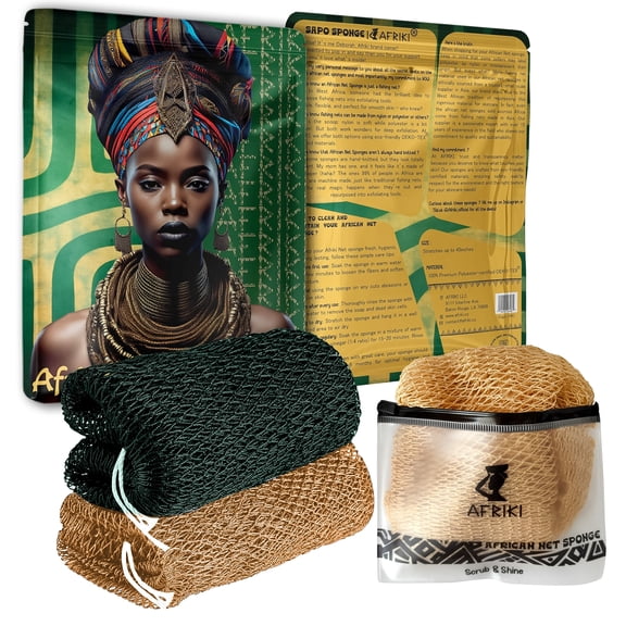 African Net Sponge, Exfoliating Body Scrubber, Extra Long Bath Sponge for Shower, Deep Cleaning Washcloth, 2 Pack (Dark Green & Champagne Gold)
