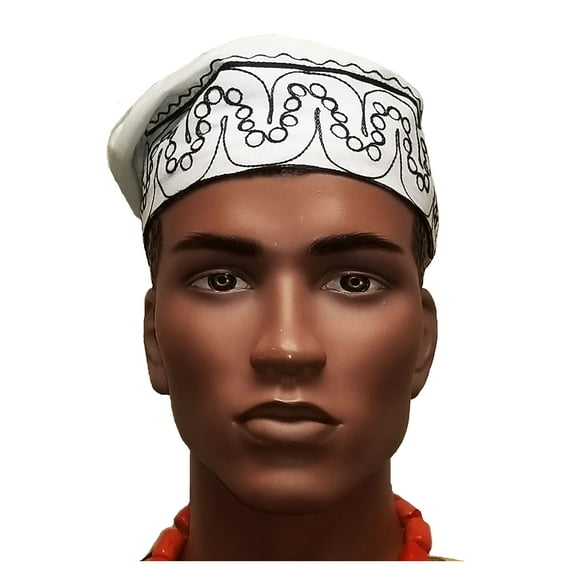 African Off-White Kufi Hat with Black Embroidery