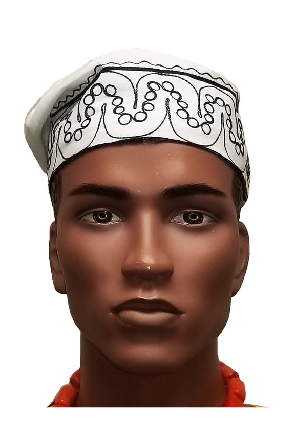 African Off-White Kufi Hat with Black Embroidery