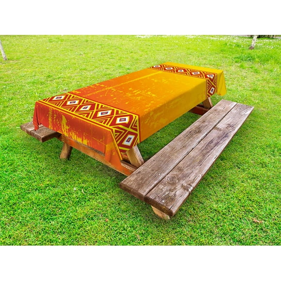 African Outdoor Tablecloth, Tribal Theme Ethnic African Grunge Ornaments with Geometric Pattern Print, Decorative Washable Fabric Picnic Table Cloth, 58 X 84 Inches,Orange and Marigold, by Ambesonne