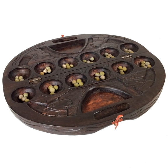 African Oware (mancala) Seed Board Game - Deluxe circular shape with handle - Hancarved with detailed designs, solid wood - 48 seeds and instructions included - by Africa Heartwood Project