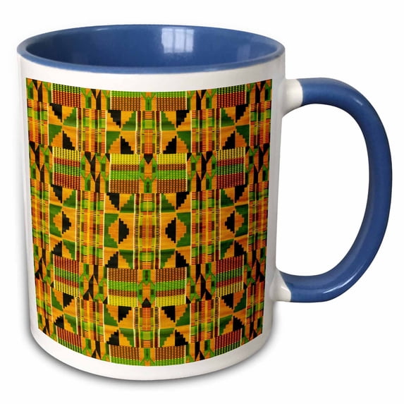 3drose, African Pattern in Greens Reds N Golds, 15oz Two-tone Blue Mug