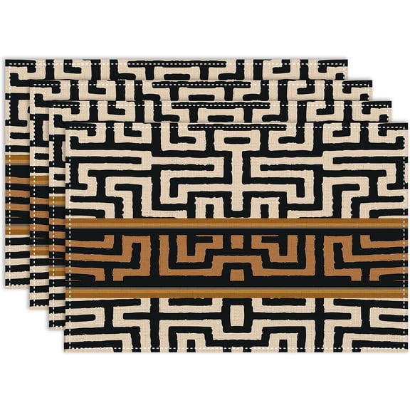 African Placemats Set of 4, 12x18 Inch Brown African Totems Abstract Geometric Traditional Rustic Tribal Mud Pattern Holiday Party Ethnic Style Coffee Table Mats for Party Kitchen Dining Decoration