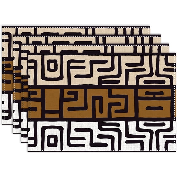 African Placemats Set of 4, 12x18 Inch Brown African Totems Abstract Geometric Traditional Rustic Tribal Mud Pattern Holiday Party Ethnic Style Coffee Table Mats for Party Kitchen Dining Decoration