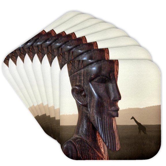 3drose, African Plains Themed Collage Artwork with Nomad Character and Giraffe., Set of 8 Coasters - Soft