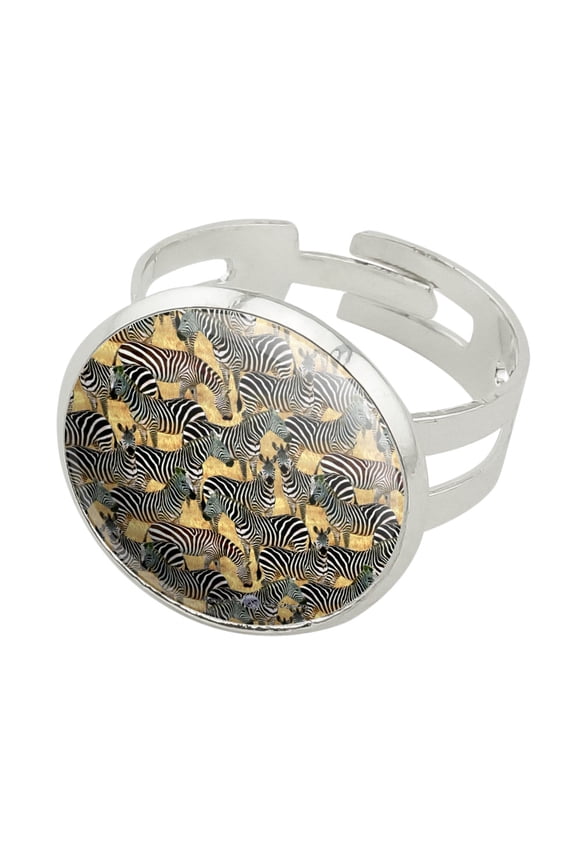 African Plains Zebra Herd Grazing Pattern Silver Plated Adjustable Novelty Ring
