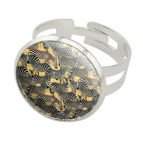African Plains Zebra Herd Grazing Pattern Silver Plated Adjustable Novelty Ring