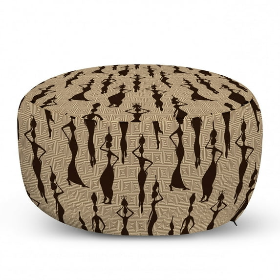 African Pouf Cover with Zipper, Woman of Color Carrying Water Vases Oriental Culture Silhouette Pattern, Soft Decorative Fabric Unstuffed Case, 30" W X 17.3" L, Beige Tan Dark Brown, by Ambesonne