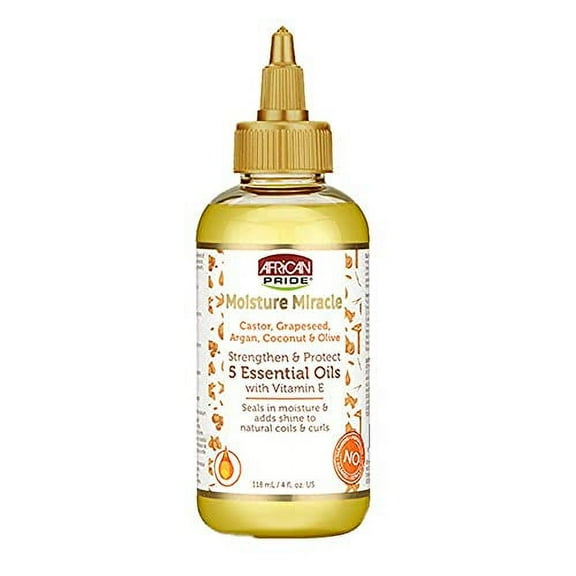African Pride Miracle 5 Essential Oils - Castor, Grapeseed, Argan, Coconut & Olive Oil, Moisture & Adds Hair, Vitamin E, 4 oz