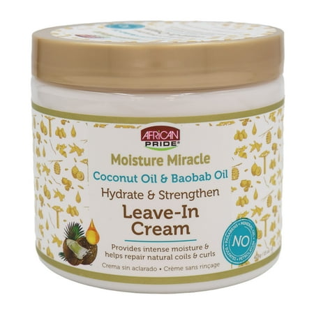 African Pride Moisture Miracle Leave-In Cream, Coconut Oil & Baobab Oil, Hydrate & Strengthen, 15 Oz