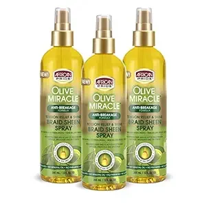 African Pride Olive Miracle Braid Sheen Spray (3 Pack) with tea tree oil and olive oil to protect and moisturize scalp and hair.12oz.