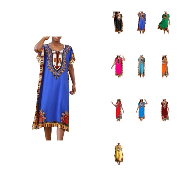 African Print Kaftan Dress Tunic, Long Maxi Plus Size Polyester Gown for Beach, Party, or Casual Wear, Women’s Kimono Nightdress
