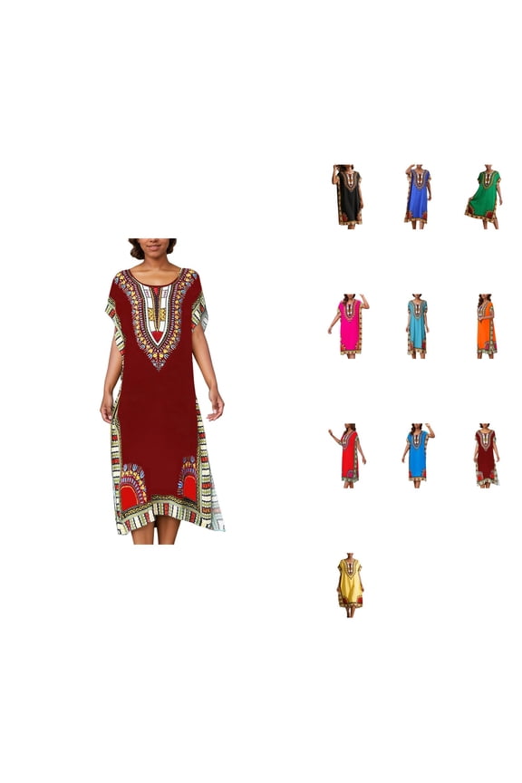 African Print Kaftan Dress Tunic, Long Maxi Plus Size Polyester Gown for Beach, Party, or Casual Wear, Women’s Kimono Nightdress