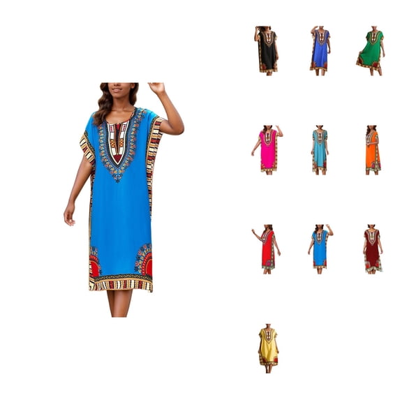 African Print Kaftan Dress Tunic, Long Maxi Plus Size Polyester Gown for Beach, Party, or Casual Wear, Women’s Kimono Nightdress