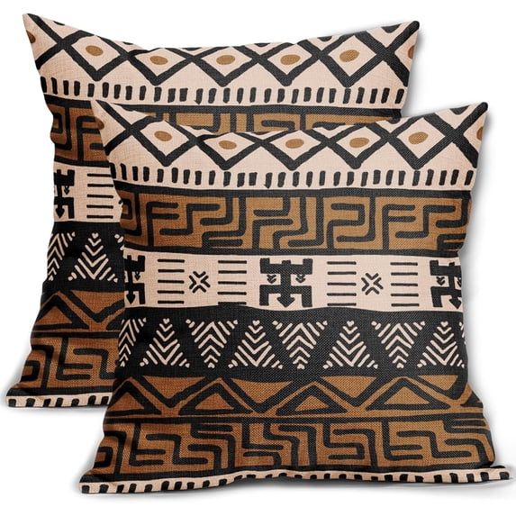 African Print Pillow Covers 20x20 Inch Set of 2, Brown Black Ethnic Style Boho Decorative Throw Pillow Cases Modern Cushion Covers Bohemian Decoration Gift Farmhouse Sofa Couch Bed Decor