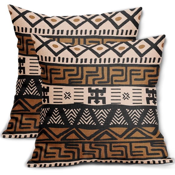 African Print Pillow Covers 20x20 Inch Set of 2, Brown Black Ethnic Style Boho Decorative Throw Pillow Cases Modern Cushion Covers Bohemian Decoration Gift Farmhouse Sofa Couch Bed Decor