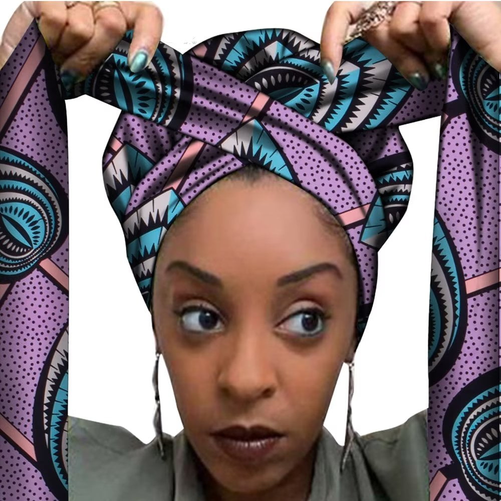 African Print Satin With Long Ribbon Wrap Double Layer Head Wrap