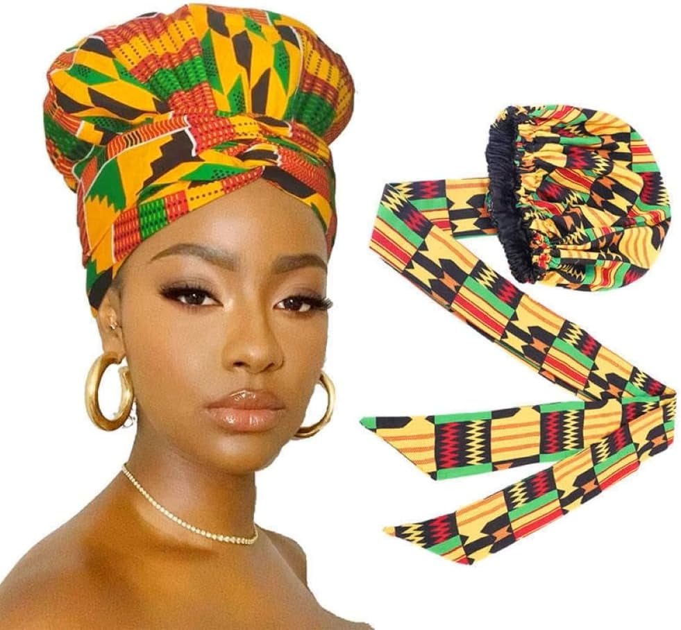 African Print Satin Silk Bonnet – Double-Layer Sleeping Hat With Long Ribbon Wrap, Ankara Design, Large Size Hair Cover For Ultimate Comfort Yellow