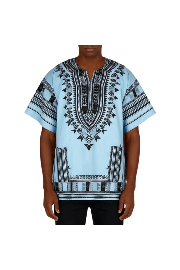 African Print Short Sleeve Crew Neck T Shirt Distinctive Geometric Patterns Casual Graphic Tee Light Blue L