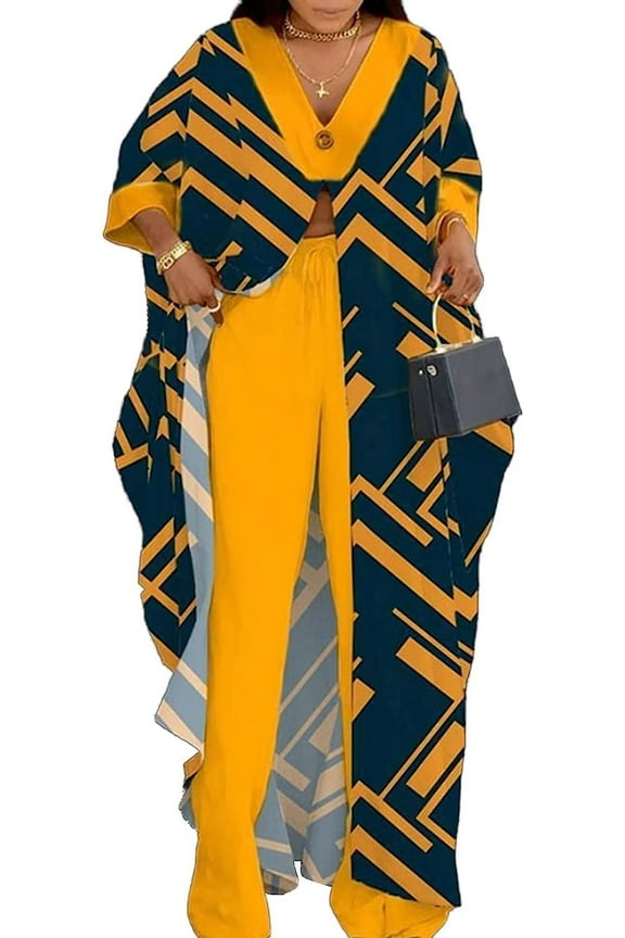 African Print Women's Two Piece Wide Leg Pants V-Neck Button Robe Set Plus Size