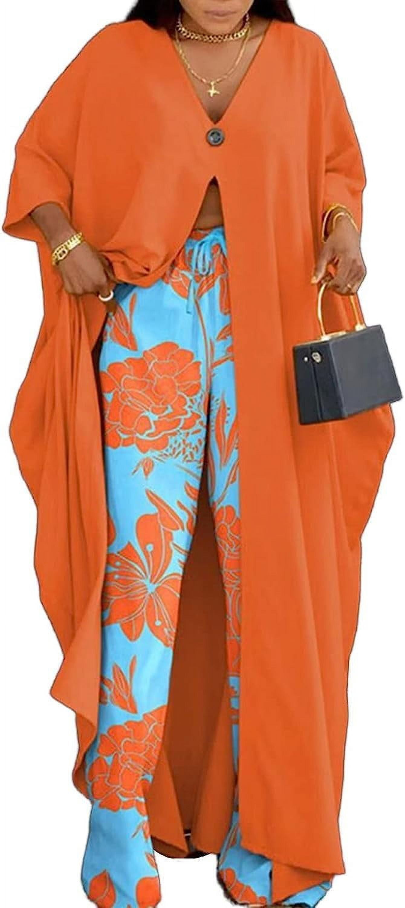 African Print Women's Two Piece Wide Leg Pants V-Neck Button Robe Set ...
