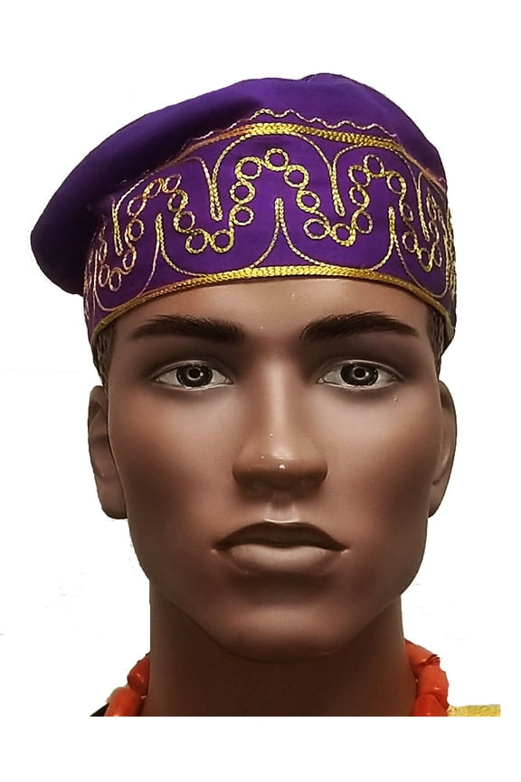African Purple Kufi Hat with Gold Embroidery