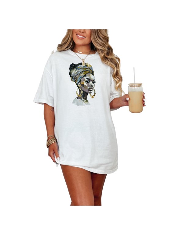 African Queen Art T-Shirt, Afrocentric Clothing, Bold Graphic Tees, Artistic Portrait Top, Unique Fashion Statement, Cultural Apparel, White Comfort Colors T-Shirt, Large