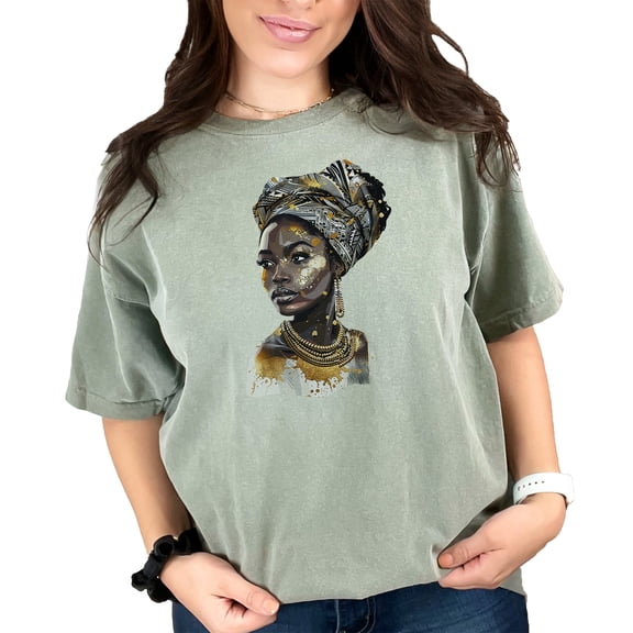 African Queen Art T-Shirt, Black Woman Portrait Tee, Afrocentric Graphic Shirt, Cultural Heritage Design, Bold Artistic Fashion, Moss Comfort Colors T-Shirt, XL