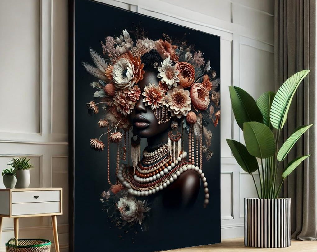 African Queen Floral Beauty Wall Art - Elegant Black Woman With Flowers ...