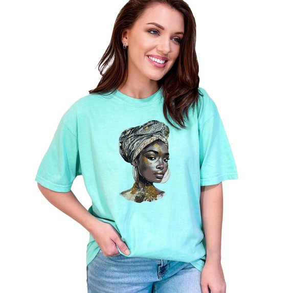 African Queen Head Wrap Graphic Tee, Unique Art Printed T-Shirt, Afrocentric Fashion Top, Stylish Ethnic Design Shirt, Chalky Mint Comfort Colors T-Shirt, 3XL