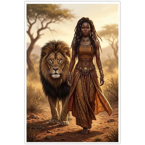 African Queen and Lion Canvas Wall Art Posters Modern Black Woman Portrait Artwork Savannah Safari Wildlife Aesthetic Pictures for Living Room Bedroom Home Office
