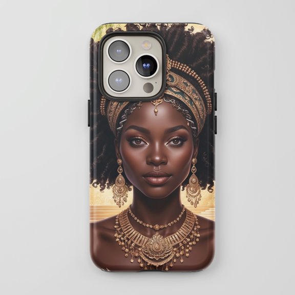 African Queen Portrait For All iPhone Series Protective Phone Case Regal Art Gold Black