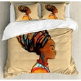 thumbnail image 1 of African Queen Size Duvet Cover Set, Ethnic Woman with Exotic Feather Earring and Scarf Zulu Hippie Artwork, Decorative 3 Piece Bedding Set with 2 Pillow Shams, Caramel and Marigold, by Ambesonne, 1 of 3